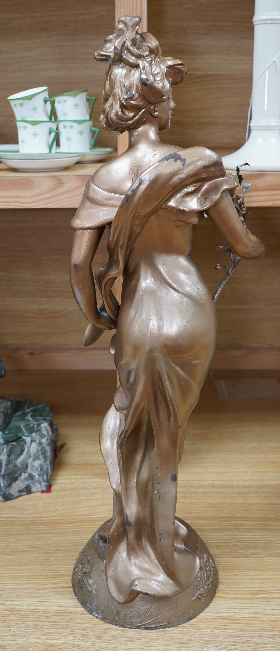 After Anton Nelson (1880 - 1910), a gilt spelter figure 'Le Houx', 65cm. Condition - fair